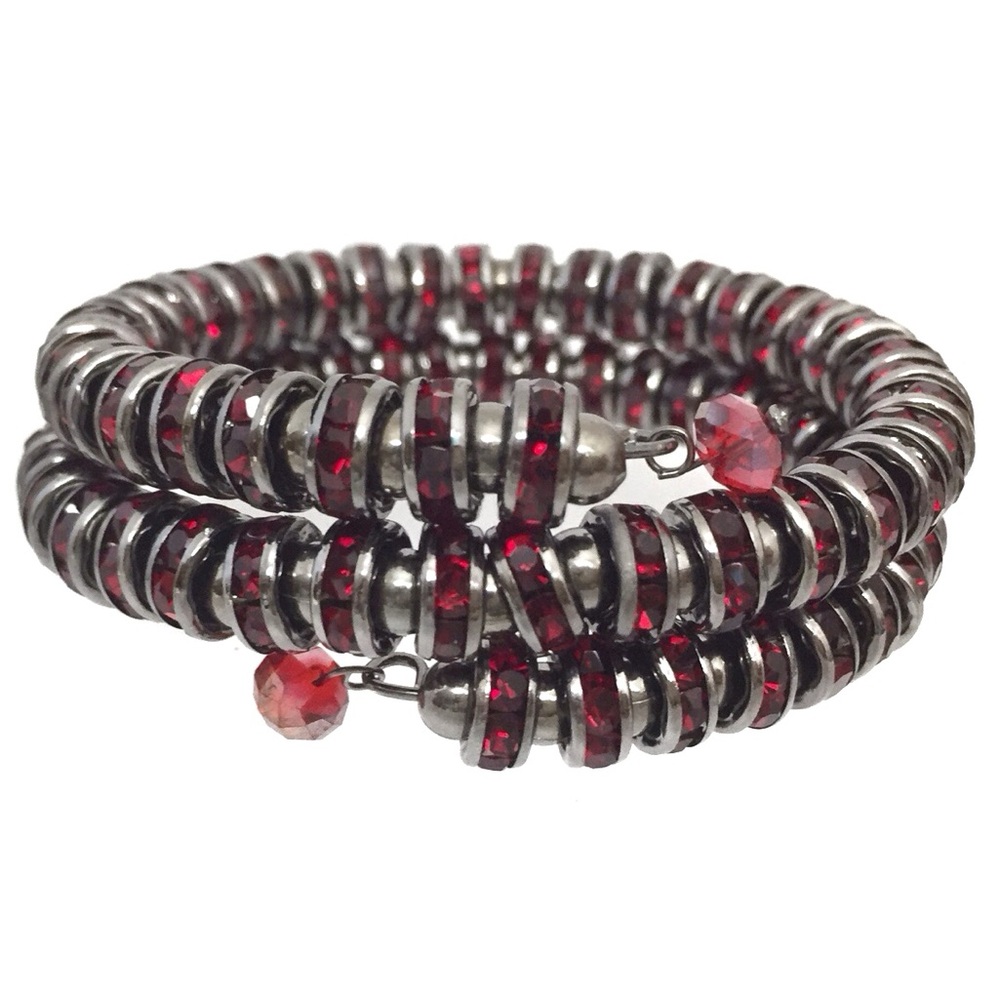 Red Rhinestone Wrap Around Gun Metal Bracelet